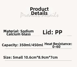 Detailed size and material specification chart for the 350ml and 450ml glass coffee mugs