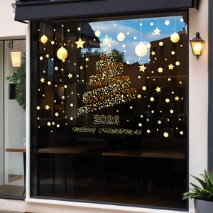 Golden Christmas tree window sticker with stars and Merry Christmas text for shop decor