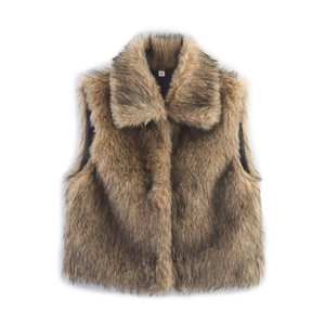 Women's stylish faux fur vest in tan mixed tones with stand collar and loose fit