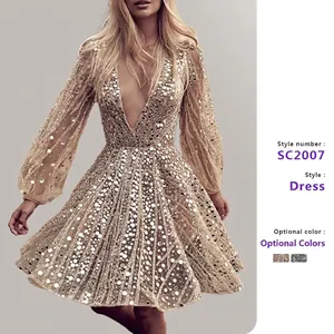 Damen Paillettenkleid Mit Tiefem V-Ausschnitt Und Langen Laternenärmeln Mesh Spiegel Party Abend Elegant Luxuriös Sexy Mini