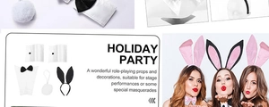 Detail view of pink and black satin bunny ear party costume set with accessories