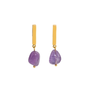 18k gold plated stainless steel drop earrings with natural purple amethyst raw stones