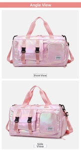 Detail of pink holographic fitness bag with buckle flap pocket and waterproof surface