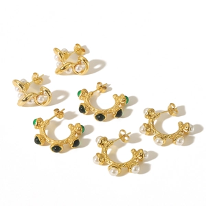 Lava texture gold C-shaped earrings with pearls and vintage gemstones for women