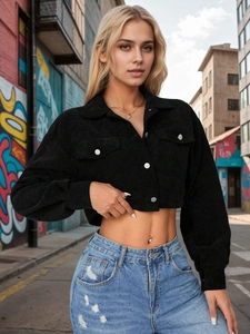 Women's chic black corduroy cropped jacket with metal buttons and chest pockets