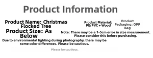 Detailed specifications for mini flocked Christmas tree with PE material and wood base