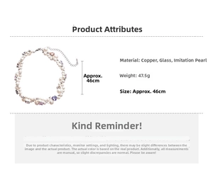 Double-layered pearl necklace with heart-shaped purple glass gemstones and 46cm copper chain