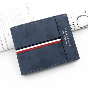 Navy blue men's bifold wallet with woven texture and tricolor stripe detail