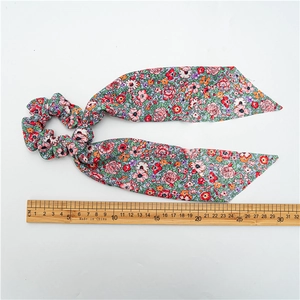 Floral print hair scrunchie with long ribbons in light blue chiffon for women