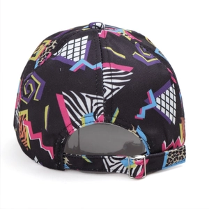 Back view of black baseball cap with Memphis style geometric prints and metal buckle