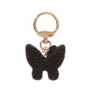 Detailed view of a black rhinestone butterfly keychain with gold-plated metal ring and clip