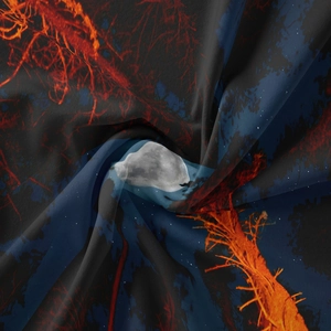 Close-up of bohemian forest tapestry fabric showing smooth texture and moon print