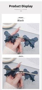 Detailed front and back views of butterfly wing shaped rimless sunglasses with gold frame