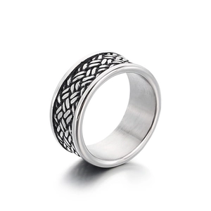 Retro stainless steel ring with woven pattern and vintage black oxidation finish