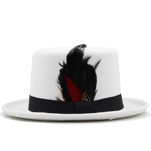 Close-up of white wool top hat featuring black ribbon and colorful feather accents