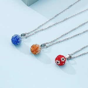 Three silver necklaces with blue, orange, and red rhinestone crystal ball pendants