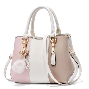 Elegant Women Handbag PU Leather Color Block Shoulder Crossbody Bag Large Capacity Artificial Pearl Pom Pom Charm Daily Office Satchel