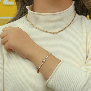 Elegant 18k gold plated tennis necklace and bracelet set with square cubic zirconia