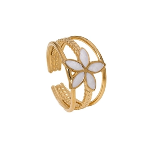 Three-layer open ring in gold stainless steel featuring a white enamel flower
