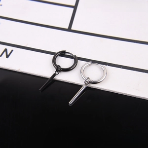 Detail view of long bar drop hoop earrings in polished black and silver titanium steel