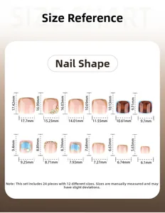 Detailed size chart for press-on toenails showing 12 specific dimensions and measurements
