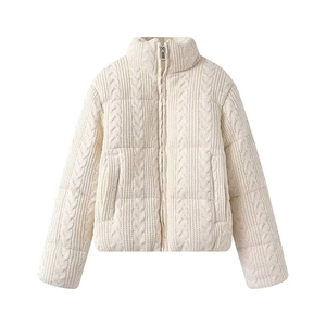 Cream knit texture padded jacket with cable knit pattern and stand collar design