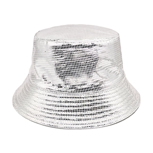 Silver laser metallic bucket hat with shiny disco grid pattern and wide sun protection brim