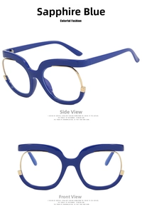 Detalle de la montura de gafas azul real de gran tamaño con elegante borde de metal dorado