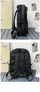 Detail view of the breathable black mesh backpack with padded straps and side pockets