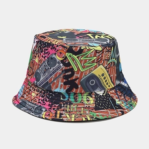 Graffiti style bucket hat with retro cassette tape pattern for outdoor sun protection