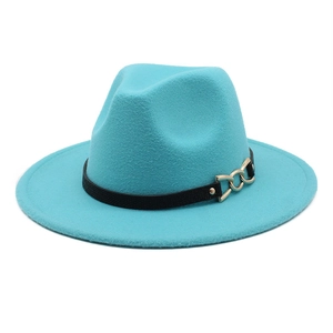 Detail of cyan wool fedora hat with a black band and decorative gold chain link