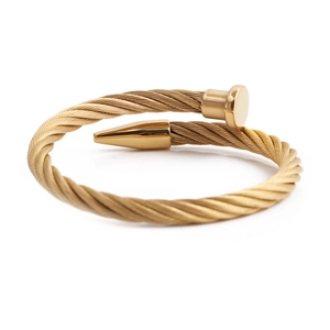 Golden woven twisted bangle with nail head design in polished titanium steel for men