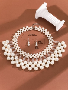 Detailed size specifications for multilayer pearl necklace and matching tassel earrings