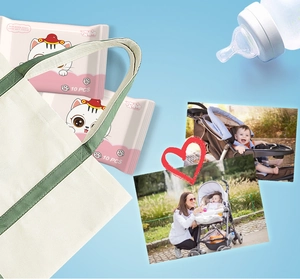 Portable 10pcs baby wipes shown with a canvas diaper bag and a nursing bottle