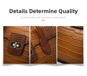 Detail of brown crocodile pattern handbag with golden turn-lock and fine stitching