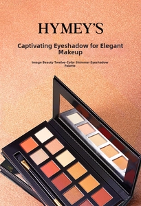 Detail of 12-color eyeshadow palette with shimmer and matte shades, mirror, and brush