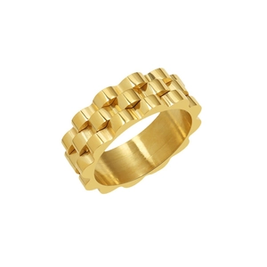 Retro 18k gold plated stainless steel watch band ring with polished link design