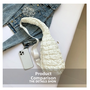 Détail du sac bandoulière blanc en tissu matelassé gaufré avec large sangle en nylon