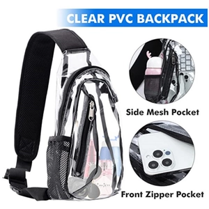 Transparent PVC chest bag with black nylon straps and side mesh pocket for sport and travel
