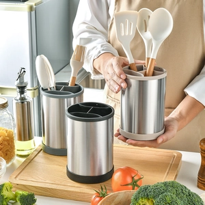 Rotating Stainless Steel Kitchen Utensil Holder Organizer With Removable Dividers For Countertop Storage Crock