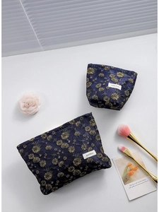 Daisy Pattern Jacquard Cosmetic Bag Portable Travel Makeup Organizer Zipper Pouch Canvas Lining Elegant Handbag For Women