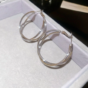 Detailed view of silver twisted hoop earrings with zircon pendant in a grey jewelry box