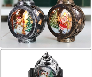 Close-up of vintage Christmas lanterns featuring Santa Claus and snowman glowing scenes