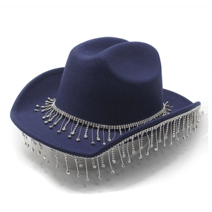 Navy blue wool western cowboy hat with sparkling silver rhinestone fringe on white background
