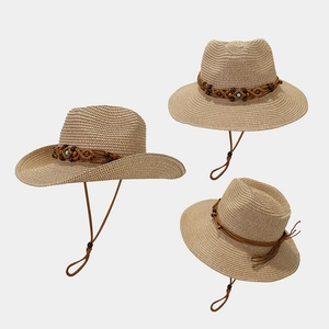 Western Cowboy Straw Hat Woven Wood Beads Turquoise Decor Sun Protection For Summer Beach Vacation Men Women Adjustable
