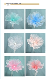 Detailed color display of large organza artificial flowers in six pastel shades for wedding decor