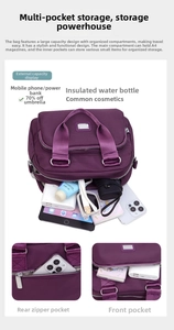 Large capacity purple nylon tote with multiple pockets organizing A4 magazine and items