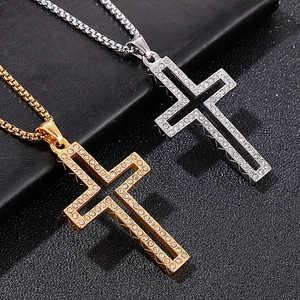 Hip hop hollow cross pendant necklaces in gold and silver plating with shiny rhinestones