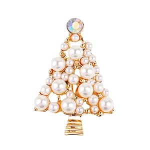 Eleganter goldener Weihnachtsbaum-Anstecknadel mit weißen Perlen und buntem Strassstein