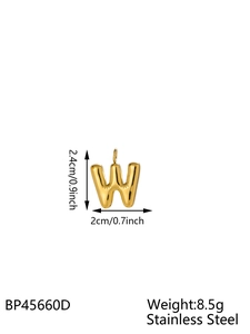 Detailed view of gold 14K plated bubble letter W pendant with size and weight metrics
